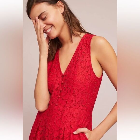 Moulinette Soeurs Anthropologie Jaeda Red Lace Wide Leg Jumpsuit Size 12 - Picture 3 of 10